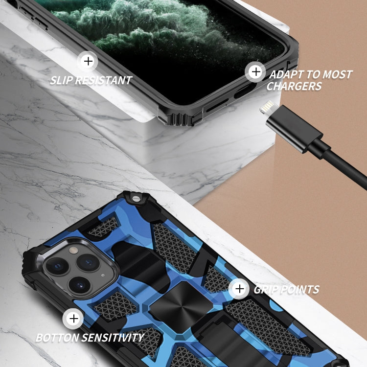 For iPhone 12 / 12 Pro Camouflage Armor Shockproof TPU + PC Magnetic Protective Case with Holder(Dark Blue) by buy2fix