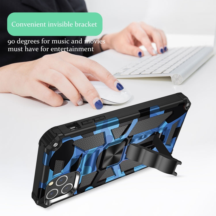 For iPhone 12 / 12 Pro Camouflage Armor Shockproof TPU + PC Magnetic Protective Case with Holder(Dark Blue) by buy2fix