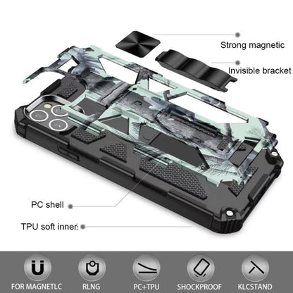For iPhone 12 Pro Max Camouflage Armor Shockproof TPU + PC Magnetic Protective Case with Holder(Mint Green) by buy2fix