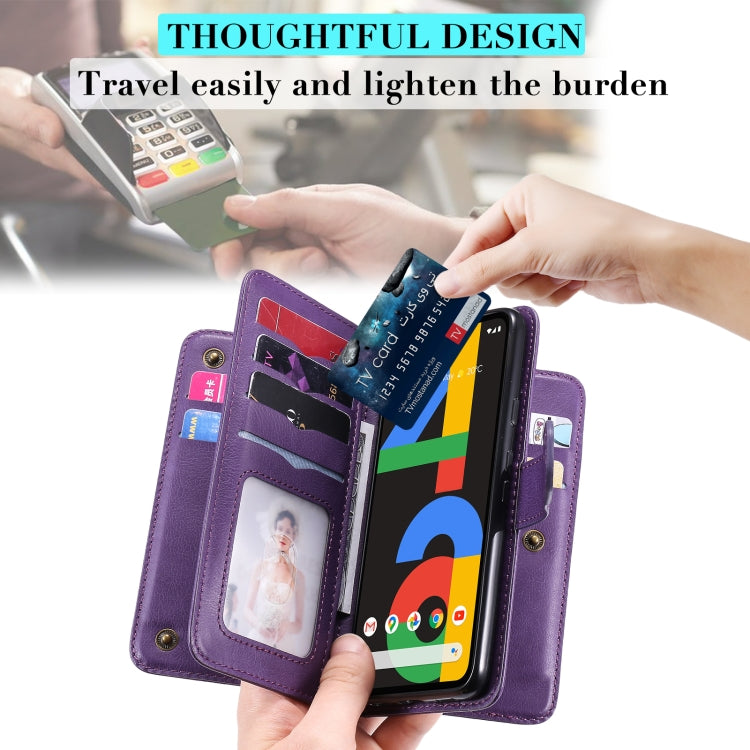 For Google Pixel 4a 4G Multifunctional Magnetic Copper Buckle Horizontal Flip Leather Case with Bracket & 10 Card Slots & Wallet & Photo Frame(Purple) - Google Cases by buy2fix | Online Shopping UK | buy2fix
