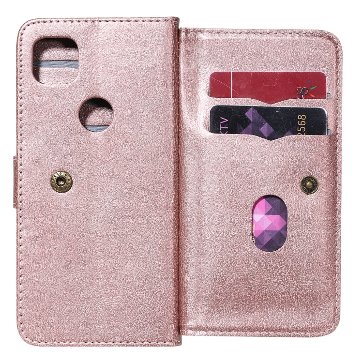 For Google Pixel 4a 4G Multifunctional Magnetic Copper Buckle Horizontal Flip Leather Case with Bracket & 10 Card Slots & Wallet & Photo Frame(Rose Gold) - Google Cases by buy2fix | Online Shopping UK | buy2fix