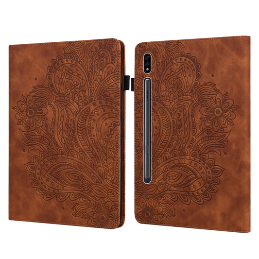 For Samsung Galaxy Tab S8 / Galaxy Tab S7 T875 Peacock Embossed Pattern TPU + PU Horizontal Flip Leather Case with Holder & Card Slots & Wallet(Brown) by buy2fix