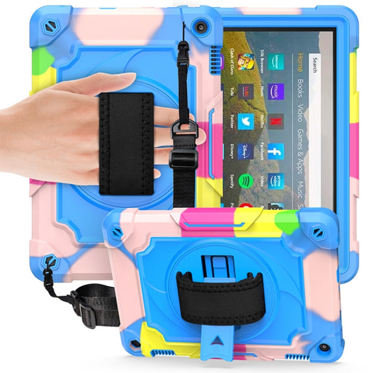 For Amazon Kindle Fire HD 8 2020 360 Degree Rotation Turntable Contrast Color Robot Shockproof Silicone + PC Protective Case with Holder(Colorful + Blue) - Amazon by buy2fix | Online Shopping UK | buy2fix