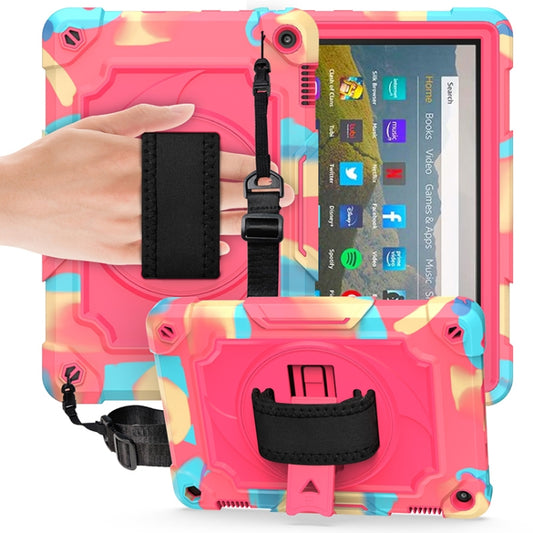 For Amazon Kindle Fire HD 8 2020 360 Degree Rotation Turntable Contrast Color Robot Shockproof Silicone + PC Protective Case with Holder(Colorful + Rose Red) - Amazon by buy2fix | Online Shopping UK | buy2fix