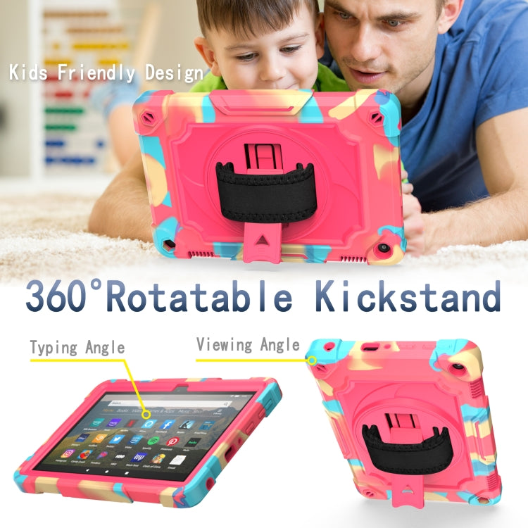 For Amazon Kindle Fire HD 8 2020 360 Degree Rotation Turntable Contrast Color Robot Shockproof Silicone + PC Protective Case with Holder(Colorful + Rose Red) - Amazon by buy2fix | Online Shopping UK | buy2fix