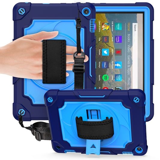 For Amazon Kindle Fire HD 8 2020 360 Degree Rotation Turntable Contrast Color Robot Shockproof Silicone + PC Protective Case with Holder(Navy Blue + Blue) - Amazon by buy2fix | Online Shopping UK | buy2fix