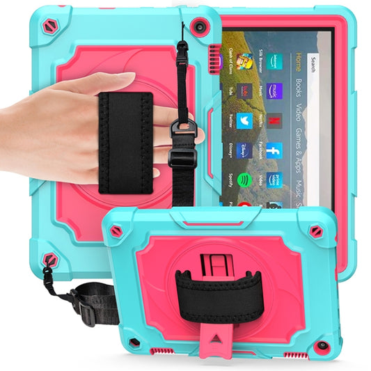 For Amazon Kindle Fire HD 8 2020 360 Degree Rotation Turntable Contrast Color Robot Shockproof Silicone + PC Protective Case with Holder(Mint Green + Rose Red) - Amazon by buy2fix | Online Shopping UK | buy2fix