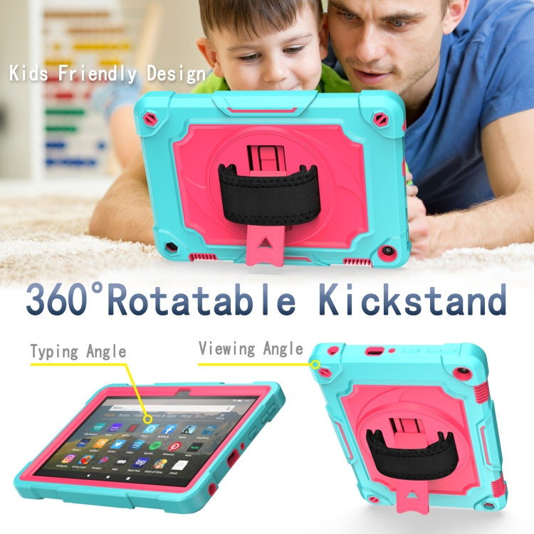 For Amazon Kindle Fire HD 8 2020 360 Degree Rotation Turntable Contrast Color Robot Shockproof Silicone + PC Protective Case with Holder(Mint Green + Rose Red) - Amazon by buy2fix | Online Shopping UK | buy2fix