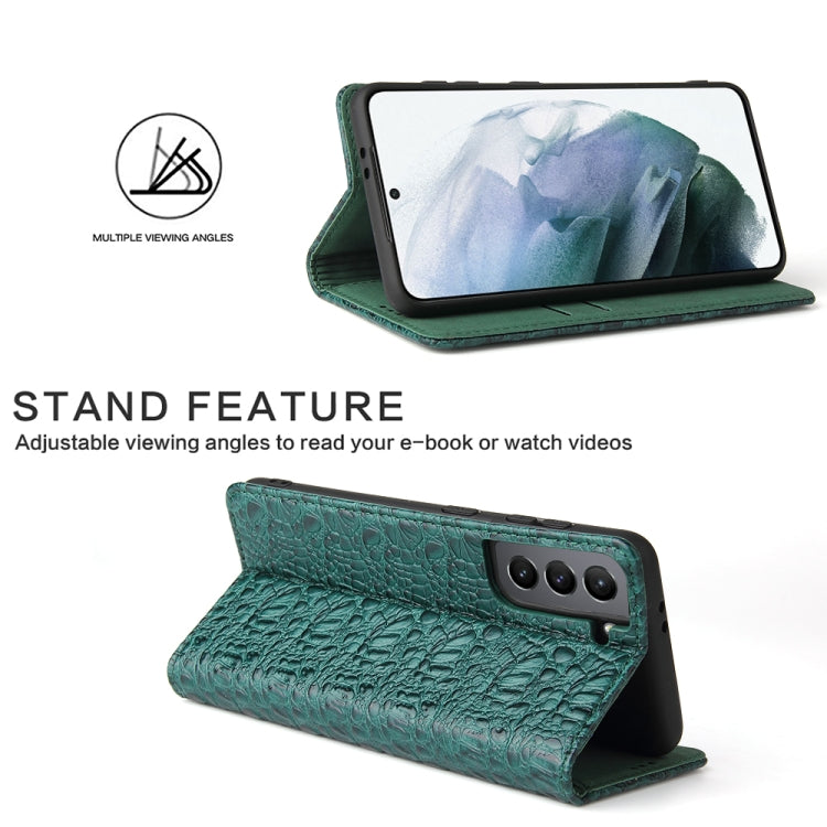 For Samsung Galaxy S21 Ultra 5G Fierre Shann Crocodile Texture Magnetic Horizontal Flip Genuine Leather Case with Holder & Card Slot(Green) - Galaxy S21 Ultra 5G Cases by FIERRE SHANN | Online Shopping UK | buy2fix