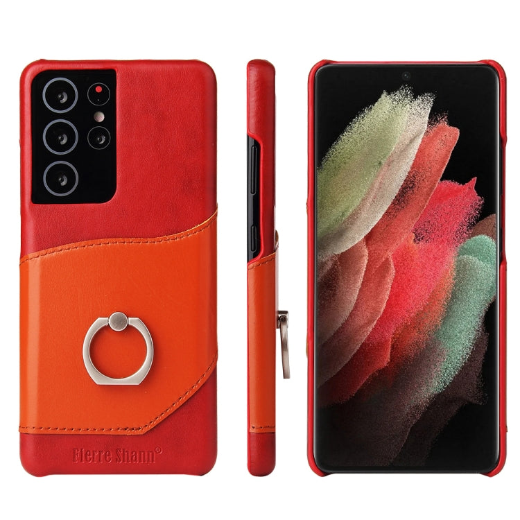 For Samsung Galaxy S21 5G Fierre Shann Oil Wax Texture Genuine Leather Back Cover Case with 360 Degree Rotation Holder & Card Slot(Red) - Galaxy S21 5G Cases by FIERRE SHANN | Online Shopping UK | buy2fix