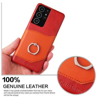 For Samsung Galaxy S21 5G Fierre Shann Oil Wax Texture Genuine Leather Back Cover Case with 360 Degree Rotation Holder & Card Slot(Red) - Galaxy S21 5G Cases by FIERRE SHANN | Online Shopping UK | buy2fix