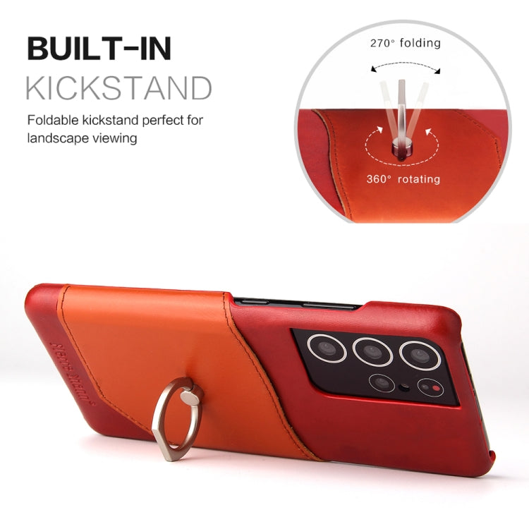 For Samsung Galaxy S21+ 5G Fierre Shann Oil Wax Texture Genuine Leather Back Cover Case with 360 Degree Rotation Holder & Card Slot(Red) - Galaxy S21+ 5G Cases by FIERRE SHANN | Online Shopping UK | buy2fix