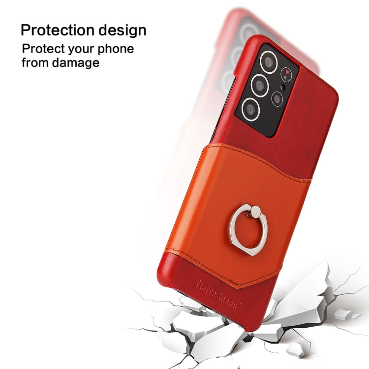 For Samsung Galaxy S21+ 5G Fierre Shann Oil Wax Texture Genuine Leather Back Cover Case with 360 Degree Rotation Holder & Card Slot(Red) - Galaxy S21+ 5G Cases by FIERRE SHANN | Online Shopping UK | buy2fix