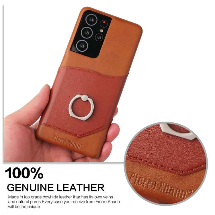 For Samsung Galaxy S21+ 5G Fierre Shann Oil Wax Texture Genuine Leather Back Cover Case with 360 Degree Rotation Holder & Card Slot(Brown) - Galaxy S21+ 5G Cases by FIERRE SHANN | Online Shopping UK | buy2fix