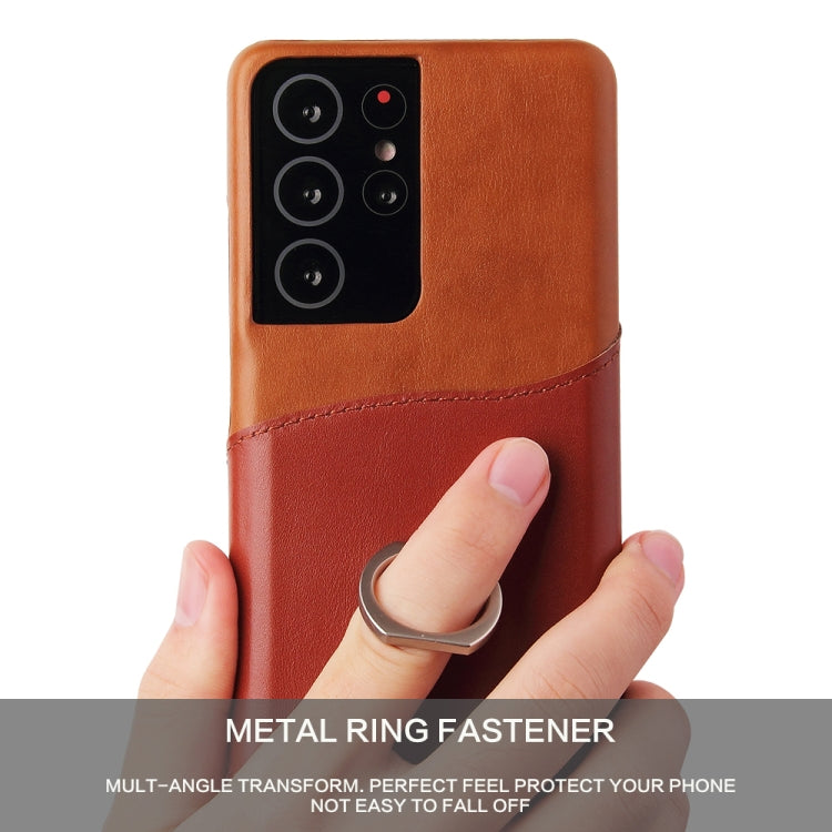 For Samsung Galaxy S21 Ultra 5G Fierre Shann Oil Wax Texture Genuine Leather Back Cover Case with 360 Degree Rotation Holder & Card Slot(Brown) - Galaxy S21 Ultra 5G Cases by FIERRE SHANN | Online Shopping UK | buy2fix