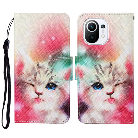 For Xiaomi Mi 11 Colored Drawing Pattern Horizontal Flip Leather Case with Holder & Card Slots & Wallet & Lanyard(Squint Cat)