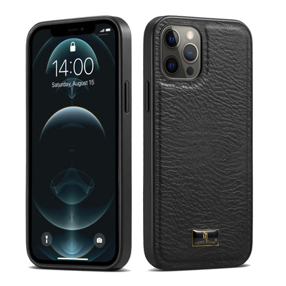 For iPhone 12 / 12 Pro Fierre Shann Leather Texture Phone Back Cover Case(Cowhide Black) - iPhone 12 / 12 Pro Cases by FIERRE SHANN | Online Shopping UK | buy2fix