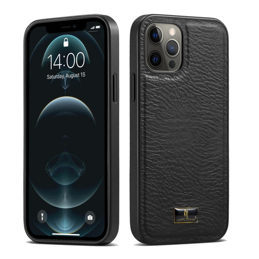 For iPhone 12 / 12 Pro Fierre Shann Leather Texture Phone Back Cover Case(Cowhide Black) - iPhone 12 / 12 Pro Cases by FIERRE SHANN | Online Shopping UK | buy2fix