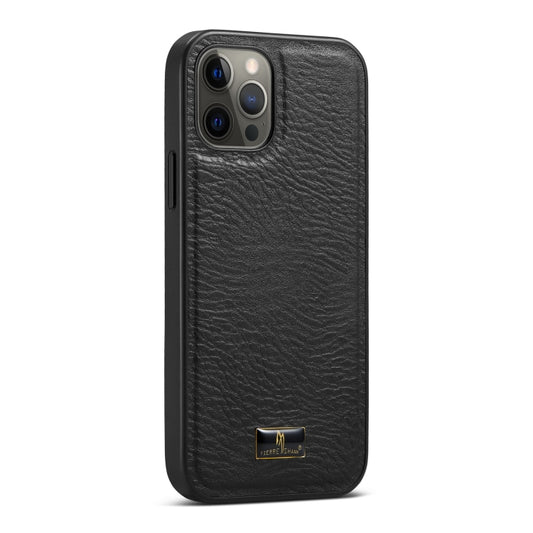 For iPhone 12 / 12 Pro Fierre Shann Leather Texture Phone Back Cover Case(Cowhide Black) - iPhone 12 / 12 Pro Cases by FIERRE SHANN | Online Shopping UK | buy2fix