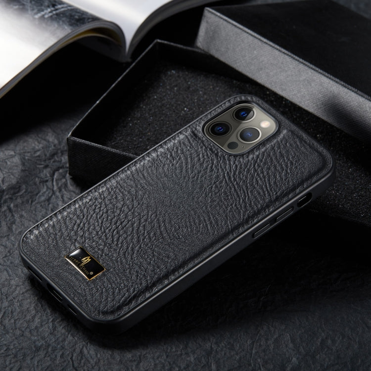For iPhone 12 / 12 Pro Fierre Shann Leather Texture Phone Back Cover Case(Cowhide Black) - iPhone 12 / 12 Pro Cases by FIERRE SHANN | Online Shopping UK | buy2fix