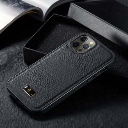 For iPhone 12 / 12 Pro Fierre Shann Leather Texture Phone Back Cover Case(Cowhide Black) - iPhone 12 / 12 Pro Cases by FIERRE SHANN | Online Shopping UK | buy2fix