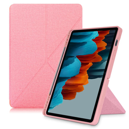 For Samsung Galaxy Tab S8 / Galaxy Tab S7 T870 Cloth Texture Multi-folding Horizontal Flip PU Leather Shockproof Case with Holder & Sleep / Wake-up Function(Pink) by buy2fix