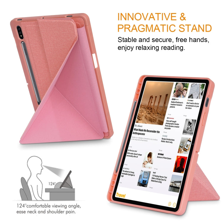 For Samsung Galaxy Tab S8 / Galaxy Tab S7 T870 Cloth Texture Multi-folding Horizontal Flip PU Leather Shockproof Case with Holder & Sleep / Wake-up Function(Pink) by buy2fix