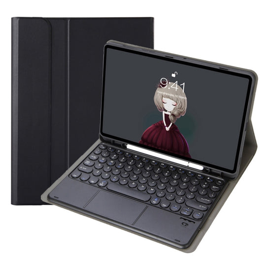 YA102B-A Detachable Lambskin Texture Round Keycap Bluetooth Keyboard Leather Tablet Case with Touch Control & Pen Slot & Stand For iPad 10.2 (2020) & (2019) / Air 3 10.5 inch / Pro 10.5 inch(Black)
