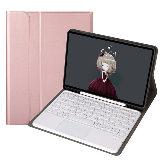 YA07B-A Detachable Lambskin Texture Round Keycap Bluetooth Keyboard Leather Tablet Case with Touch Control & Pen Slot & Stand For iPad 9.7 inch (2018) & (2017) / Pro 9.7 inch / Air 2 / Air(Rose Gold)