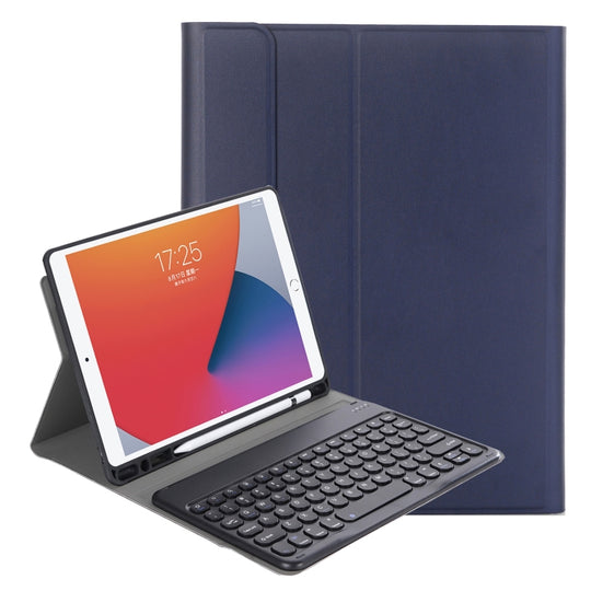 YA098B Detachable Lambskin Texture Round Keycap Bluetooth Keyboard Leather Tablet Case with Pen Slot & Stand For iPad Air 5 / 4 10.9 inch 2020 / Pro 11 inch 2020 / 2018(Dark Blue)