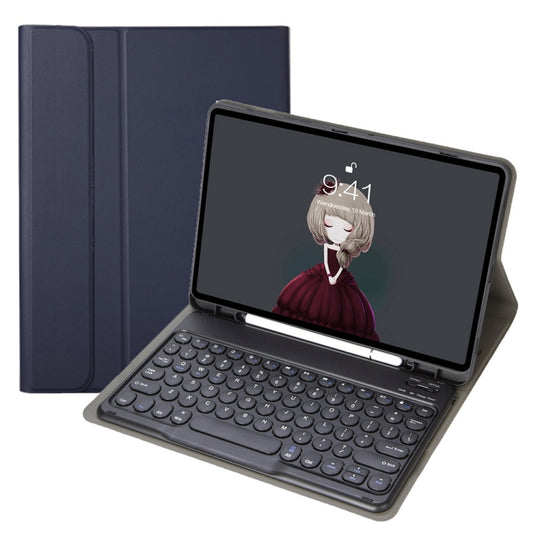 YA102B Detachable Lambskin Texture Round Keycap Bluetooth Keyboard Leather Tablet Case with Pen Slot & Stand For iPad 10.2 (2020) & (2019) / Air 3 10.5 inch / Pro 10.5 inch(Dark Blue)