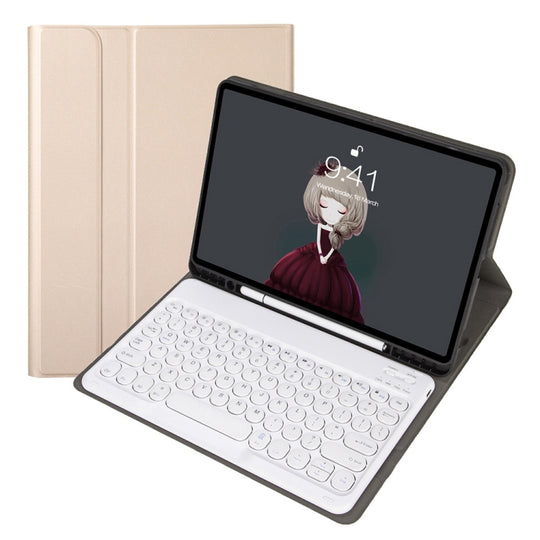 YA07B Detachable Lambskin Texture Round Keycap Bluetooth Keyboard Leather Tablet Case with Pen Slot & Stand For iPad 9.7 inch (2018) & (2017) / Pro 9.7 inch / Air 2 /Air(Gold)