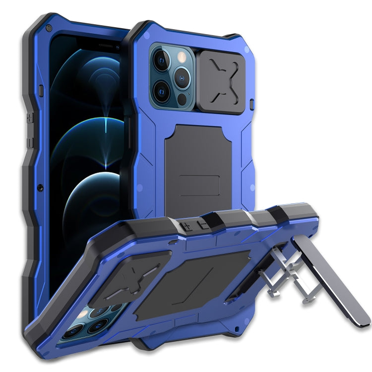 For iPhone 12 / 12 Pro Aluminum Alloy + Silicone Anti-dust Full Body Protection with Holder(Blue) - iPhone 12 / 12 Pro Cases by buy2fix | Online Shopping UK | buy2fix