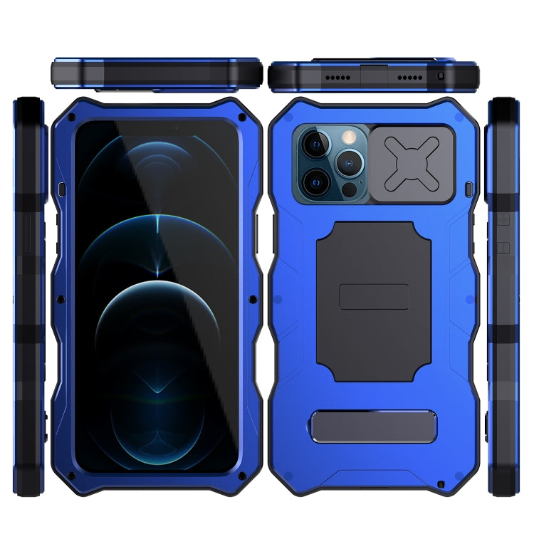 For iPhone 12 / 12 Pro Aluminum Alloy + Silicone Anti-dust Full Body Protection with Holder(Blue) - iPhone 12 / 12 Pro Cases by buy2fix | Online Shopping UK | buy2fix