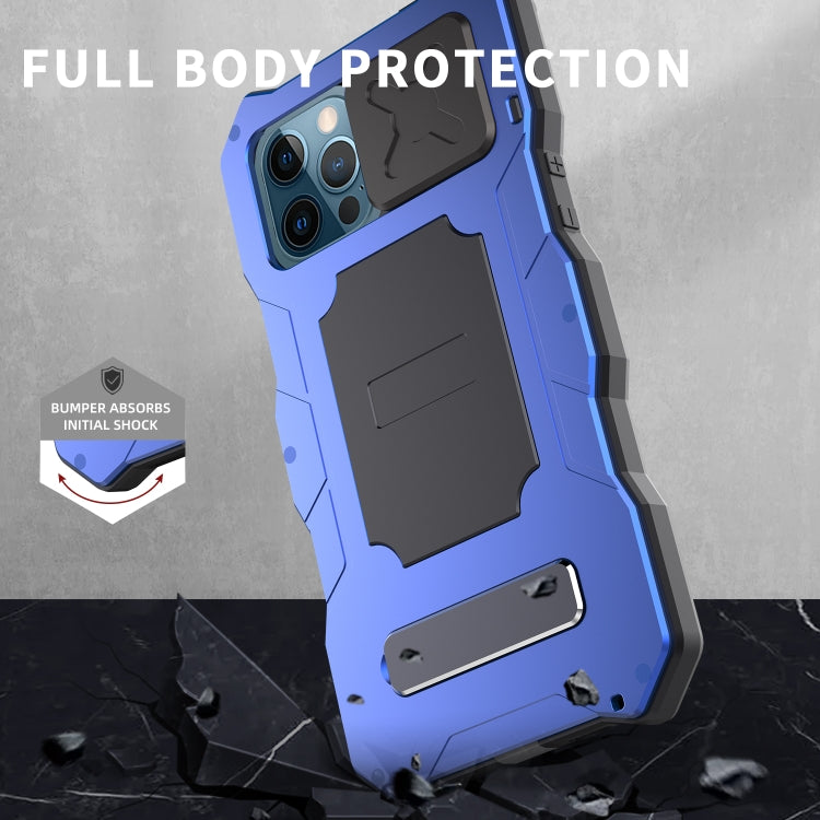 For iPhone 12 / 12 Pro Aluminum Alloy + Silicone Anti-dust Full Body Protection with Holder(Blue) - iPhone 12 / 12 Pro Cases by buy2fix | Online Shopping UK | buy2fix