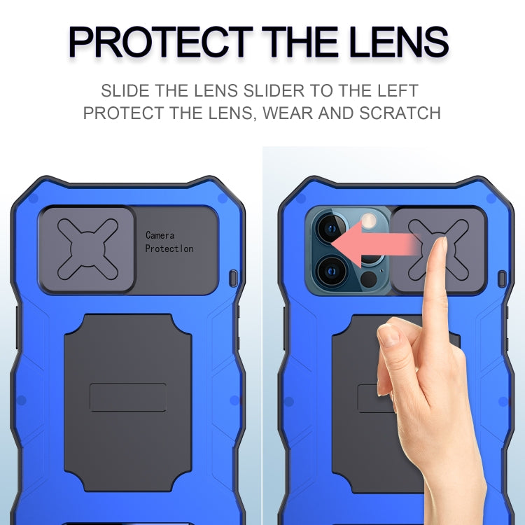 For iPhone 12 / 12 Pro Aluminum Alloy + Silicone Anti-dust Full Body Protection with Holder(Blue) - iPhone 12 / 12 Pro Cases by buy2fix | Online Shopping UK | buy2fix