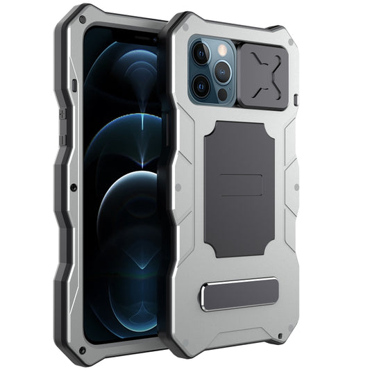 For iPhone 12 / 12 Pro Aluminum Alloy + Silicone Anti-dust Full Body Protection with Holder(Silver) - iPhone 12 / 12 Pro Cases by buy2fix | Online Shopping UK | buy2fix