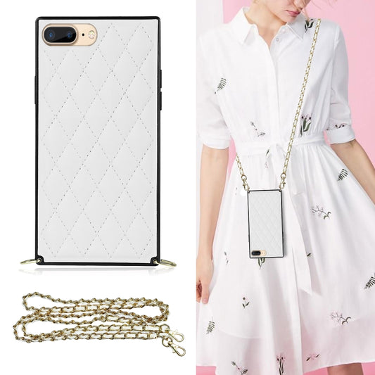 For iPhone SE 2022 / SE 2020 / 8 / 7 Elegant Rhombic Pattern Microfiber Leather +TPU Shockproof Case with Crossbody Strap Chain(White) - iPhone SE 2022 / 2020 / 8 / 7 Cases by buy2fix | Online Shopping UK | buy2fix