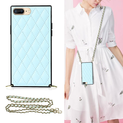 For iPhone SE 2022 / SE 2020 / 8 / 7 Elegant Rhombic Pattern Microfiber Leather +TPU Shockproof Case with Crossbody Strap Chain(Blue) - iPhone SE 2022 / 2020 / 8 / 7 Cases by buy2fix | Online Shopping UK | buy2fix