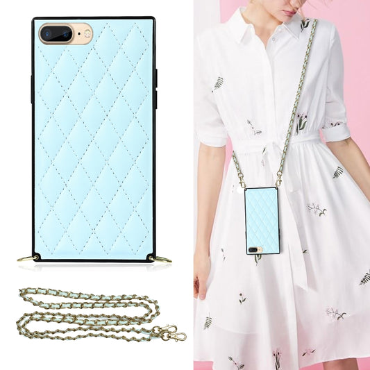 For iPhone SE 2022 / SE 2020 / 8 / 7 Elegant Rhombic Pattern Microfiber Leather +TPU Shockproof Case with Crossbody Strap Chain(Blue) - iPhone SE 2022 / 2020 / 8 / 7 Cases by buy2fix | Online Shopping UK | buy2fix