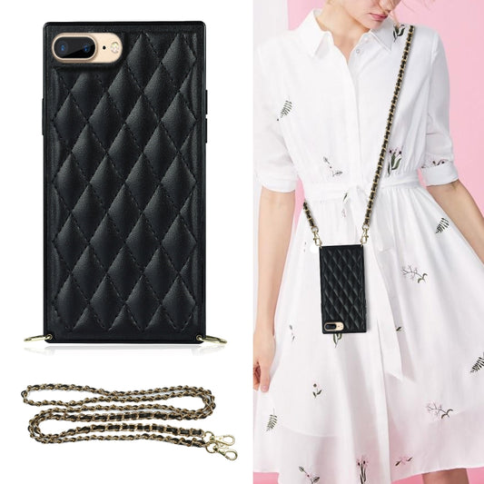 Elegant Rhombic Pattern Microfiber Leather +TPU Shockproof Case with Crossbody Strap Chain For iPhone 8 Plus / 7 Plus(Black) - More iPhone Cases by buy2fix | Online Shopping UK | buy2fix