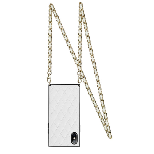 For iPhone X / XS Elegant Rhombic Pattern Microfiber Leather +TPU Shockproof Case with Crossbody Strap Chain(White) - More iPhone Cases by buy2fix | Online Shopping UK | buy2fix