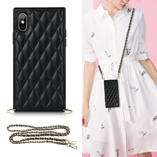 For iPhone X / XS Elegant Rhombic Pattern Microfiber Leather +TPU Shockproof Case with Crossbody Strap Chain(Black) - More iPhone Cases by buy2fix | Online Shopping UK | buy2fix
