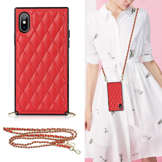 For iPhone X / XS Elegant Rhombic Pattern Microfiber Leather +TPU Shockproof Case with Crossbody Strap Chain(Red) - More iPhone Cases by buy2fix | Online Shopping UK | buy2fix