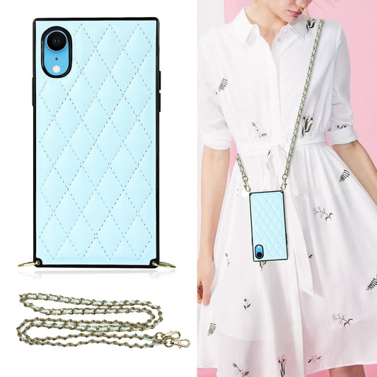 For iPhone XR Elegant Rhombic Pattern Microfiber Leather +TPU Shockproof Case with Crossbody Strap Chain(Blue) - More iPhone Cases by buy2fix | Online Shopping UK | buy2fix
