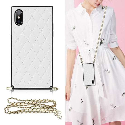 For iPhone XS Max Elegant Rhombic Pattern Microfiber Leather +TPU Shockproof Case with Crossbody Strap Chain(White) - More iPhone Cases by buy2fix | Online Shopping UK | buy2fix