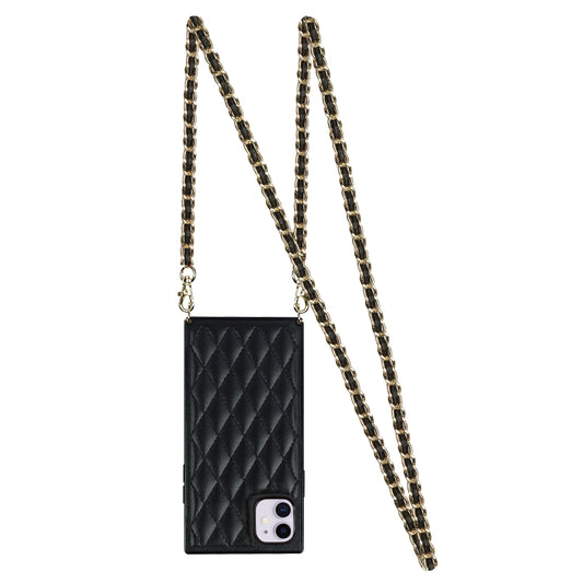For iPhone 11 Elegant Rhombic Pattern Microfiber Leather +TPU Shockproof Case with Crossbody Strap Chain (Black) - iPhone 11 Cases by buy2fix | Online Shopping UK | buy2fix
