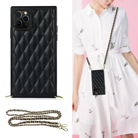 For iPhone 11 Pro Elegant Rhombic Pattern Microfiber Leather +TPU Shockproof Case with Crossbody Strap Chain (Black) - iPhone 11 Pro Cases by buy2fix | Online Shopping UK | buy2fix