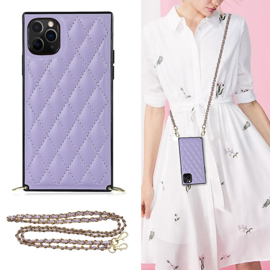 For iPhone 11 Pro Elegant Rhombic Pattern Microfiber Leather +TPU Shockproof Case with Crossbody Strap Chain (Purple) - iPhone 11 Pro Cases by buy2fix | Online Shopping UK | buy2fix