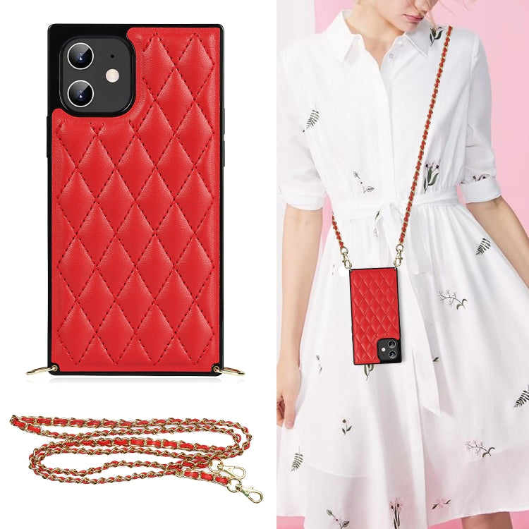For iPhone 12 mini Elegant Rhombic Pattern Microfiber Leather +TPU Shockproof Case with Crossbody Strap Chain (Red) - iPhone 12 mini Cases by buy2fix | Online Shopping UK | buy2fix